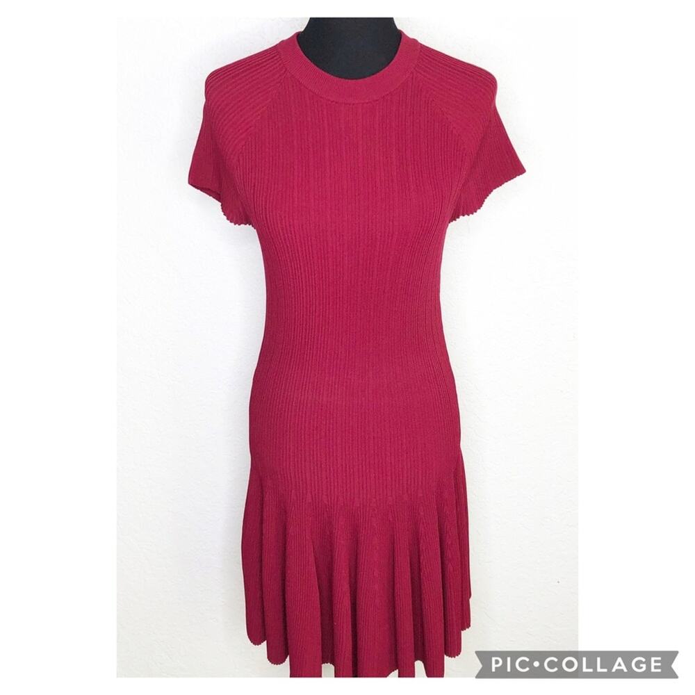 Johnathan Simkhai wine red pleated skirt ribbed knit dress size Large